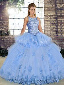 Floor Length Lavender Ball Gown Prom Dress Tulle Sleeveless Lace and Embroidery and Ruffles