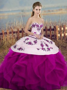 Stunning Fuchsia Tulle Lace Up Sweetheart Sleeveless Floor Length Ball Gown Prom Dress Embroidery and Ruffles and Bowknot