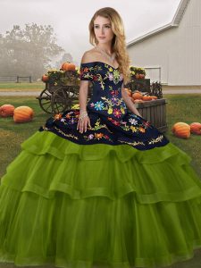 Olive Green Tulle Lace Up 15 Quinceanera Dress Sleeveless Brush Train Embroidery and Ruffled Layers
