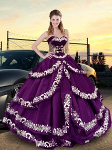 Floor Length Purple Quince Ball Gowns Satin Sleeveless Embroidery and Ruffled Layers
