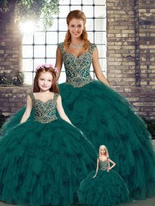Dazzling Peacock Green Lace Up Quinceanera Gowns Beading and Ruffles Sleeveless Floor Length