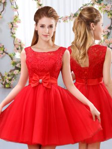 Gorgeous Red A-line Tulle Scoop Sleeveless Lace and Bowknot Mini Length Lace Up Quinceanera Court of Honor Dress