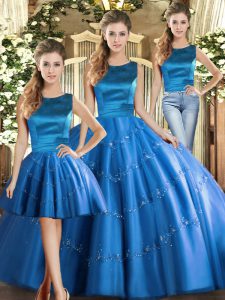 Blue Three Pieces Scoop Sleeveless Tulle Floor Length Lace Up Appliques 15th Birthday Dress