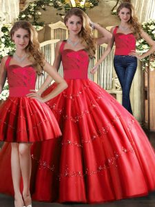 Three Pieces Quinceanera Dresses Red Halter Top Tulle Sleeveless Floor Length Lace Up