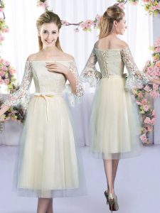 Custom Made Champagne Empire Lace and Bowknot Damas Dress Lace Up Tulle 3 4 Length Sleeve Tea Length