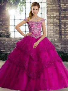 Ideal Fuchsia Off The Shoulder Lace Up Beading and Lace 15 Quinceanera Dress Brush Train Sleeveless