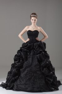 Sweetheart Sleeveless Quince Ball Gowns Brush Train Embroidery and Pick Ups Black Organza