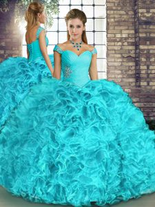Aqua Blue Ball Gowns Organza Off The Shoulder Sleeveless Beading and Ruffles Floor Length Lace Up Quinceanera Gown