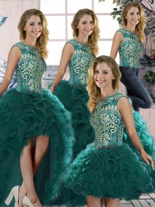 Edgy Floor Length Lace Up Quinceanera Dress Peacock Green for Military Ball and Sweet 16 and Quinceanera with Beading and Ruffles