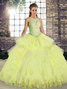 Floor Length Yellow Quince Ball Gowns Scoop Sleeveless Lace Up
