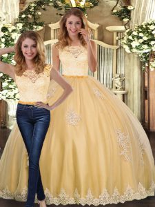 Fitting Scoop Sleeveless 15 Quinceanera Dress Floor Length Lace and Appliques Gold Tulle
