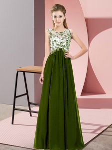 Olive Green Chiffon Zipper Scoop Sleeveless Floor Length Damas Dress Beading and Appliques