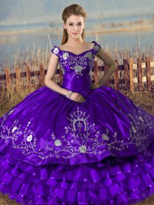 Smart Purple Ball Gowns Off The Shoulder Sleeveless Satin and Organza Floor Length Lace Up Embroidery and Ruffled Layers Ball Gown Prom Dress