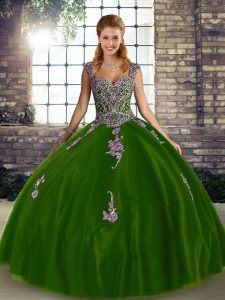 Trendy Tulle Straps Sleeveless Lace Up Beading and Appliques Quinceanera Dress in Olive Green