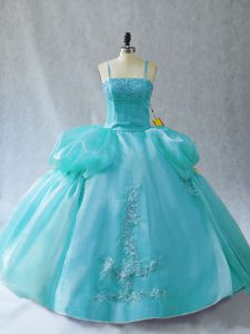 High End Aqua Blue Ball Gowns Appliques 15th Birthday Dress Lace Up Organza Sleeveless Floor Length