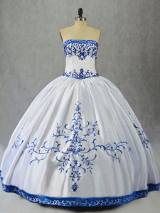 Blue And White Lace Up Strapless Embroidery Sweet 16 Quinceanera Dress Satin Sleeveless