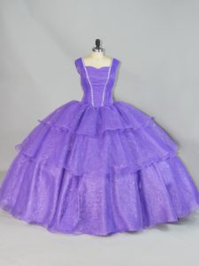 Dazzling Ball Gowns Quince Ball Gowns Lavender Straps Organza Sleeveless Floor Length Lace Up