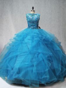 Noble Aqua Blue Ball Gowns Beading and Ruffles Quinceanera Dress Lace Up Tulle Sleeveless