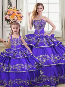Chic Strapless Sleeveless Quince Ball Gowns Floor Length Embroidery and Ruffled Layers Purple Satin and Organza