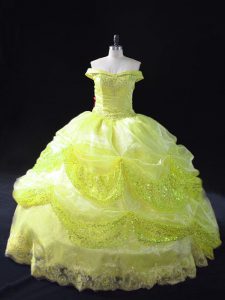 Off The Shoulder Sleeveless Lace Up Sweet 16 Quinceanera Dress Yellow Green Organza