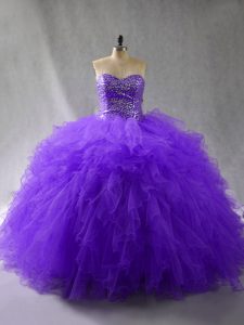 Flirting Sweetheart Sleeveless Quinceanera Gowns Floor Length Beading and Ruffles Purple Tulle