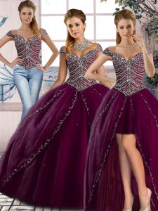 Great Cap Sleeves Beading Lace Up Quinceanera Dress with Purple Brush Train