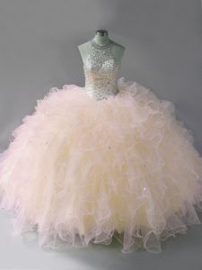 Multi-color Tulle Lace Up Halter Top Sleeveless Floor Length Sweet 16 Quinceanera Dress Beading and Ruffles