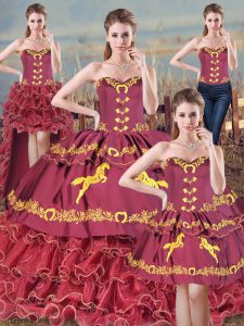 Stylish Burgundy Sweetheart Lace Up Embroidery and Ruffles Ball Gown Prom Dress Brush Train Sleeveless