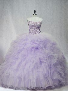 Delicate Lavender Sleeveless Ruffles Lace Up Quinceanera Gown