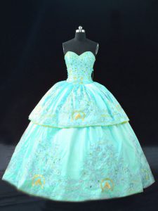 Sleeveless Floor Length Embroidery Lace Up Quince Ball Gowns with Aqua Blue