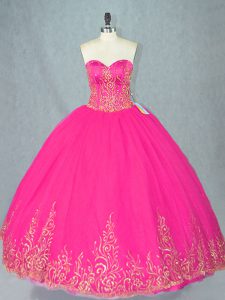 Popular Sleeveless Floor Length Beading Lace Up 15 Quinceanera Dress with Fuchsia