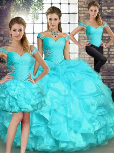 Edgy Aqua Blue Three Pieces Beading and Ruffles 15th Birthday Dress Lace Up Organza Sleeveless Floor Length