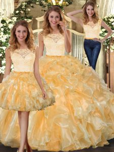 Sleeveless Floor Length Lace and Ruffles Clasp Handle Sweet 16 Dresses with Gold