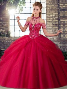 Beading and Pick Ups Quince Ball Gowns Coral Red Lace Up Sleeveless Brush Train