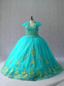 Tulle Sweetheart Sleeveless Lace Up Appliques Ball Gown Prom Dress in Aqua Blue