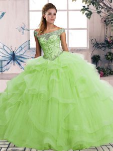Floor Length Lace Up Vestidos de Quinceanera Yellow Green for Military Ball and Sweet 16 and Quinceanera with Beading and Ruffles