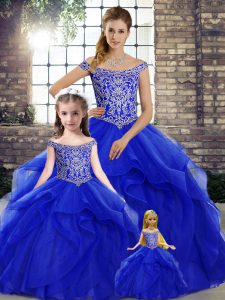 Sophisticated Royal Blue Tulle Lace Up Quinceanera Dresses Sleeveless Brush Train Beading and Ruffles