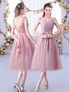 Pink Empire Scoop Sleeveless Tulle Tea Length Lace Up Appliques and Belt Damas Dress