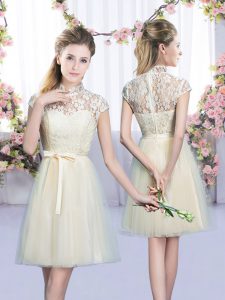 Champagne Tulle Lace Up Quinceanera Dama Dress Cap Sleeves Mini Length Lace and Bowknot