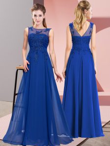 Floor Length Royal Blue Court Dresses for Sweet 16 Chiffon Sleeveless Beading and Appliques