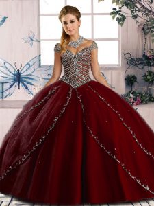 Wine Red Tulle Lace Up Sweet 16 Dress Cap Sleeves Brush Train Beading