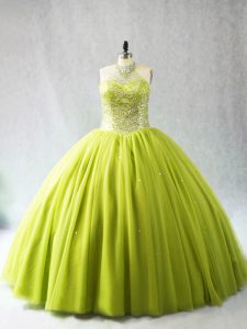 Yellow Green Halter Top Neckline Beading Quinceanera Gown Sleeveless Lace Up