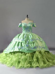 Chapel Train Ball Gowns Quinceanera Gown Yellow Green Off The Shoulder Organza Sleeveless Lace Up