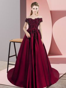Designer Off The Shoulder Sleeveless Sweet 16 Quinceanera Dress Court Train Appliques Wine Red Satin