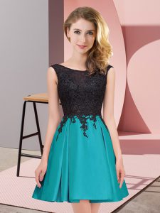 Glittering Teal A-line Satin Scoop Sleeveless Lace Mini Length Zipper Damas Dress