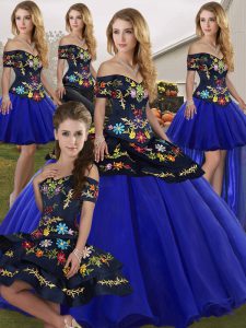 Amazing Ball Gowns Quince Ball Gowns Royal Blue Off The Shoulder Tulle Sleeveless Floor Length Lace Up