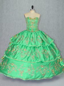 Sleeveless Satin and Organza Floor Length Lace Up Quinceanera Dresses in Green with Embroidery and Ruffled Layers
