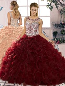 Sleeveless Organza Floor Length Lace Up 15 Quinceanera Dress in Burgundy with Beading and Ruffles