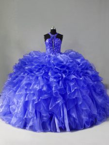 Blue Organza Zipper Halter Top Sleeveless Ball Gown Prom Dress Brush Train Beading and Ruffles