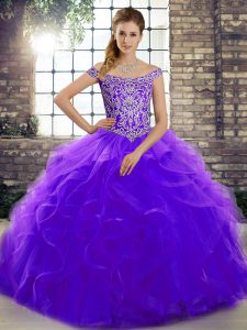 Hot Selling Purple Ball Gowns Tulle Off The Shoulder Sleeveless Beading and Ruffles Lace Up Quinceanera Dresses Brush Train